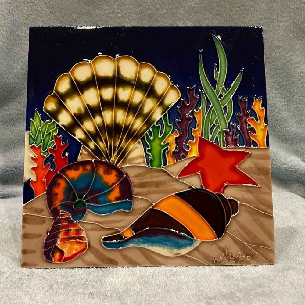 Artist Signed Wayne Gao Sea Shells Ceramic Art Tile With Stand Vintage